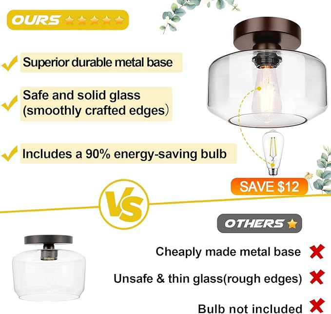 Industrial Semi Flush Mount Ceiling Light Brown, 800 Lumen LED Bulb Included, Clear Glass Shade Ceiling Light Fixture, Light Fixture for Hallway Bathroom Bedroom, Vintage Hanging Light Fixtures