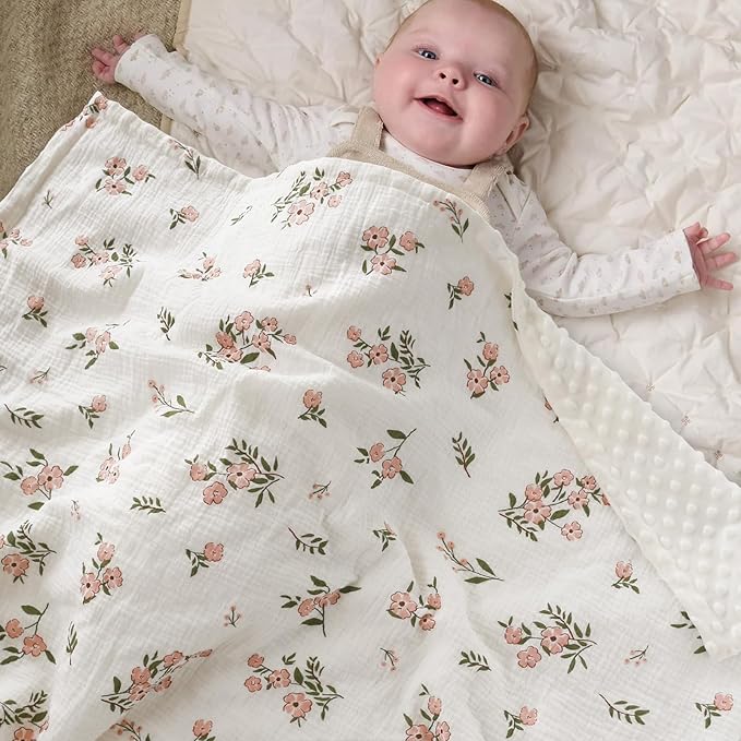 Muslin Baby Blankets for Girls Super Soft Nursery Minky Blankets with Breathable Muslin Cotton Front and 3D Touch Dotted Fleece Backing, Pink Floral Printed Bed Throws Newborn