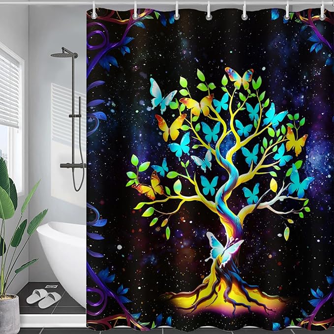 AILONEN Tree of Life Shower Curtain for Bathroom,Galaxy Starry Glowing Tree of Life Bath Curtain,Colorful Tree Shower Curtain Waterproof with 12 Plastic Hooks for Boys Girls Adults 72" W*72" H