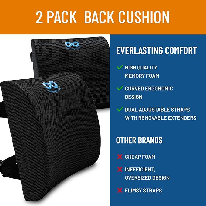 Everlasting Comfort Lumbar Support Pillow for Office Chair - Memory Foam Back Cushion for Chair, Car, Couch - Lumbar Pillow Promotes Better Posture, Back Pain Relief - Gaming and Desk Chairs - 2 Pack