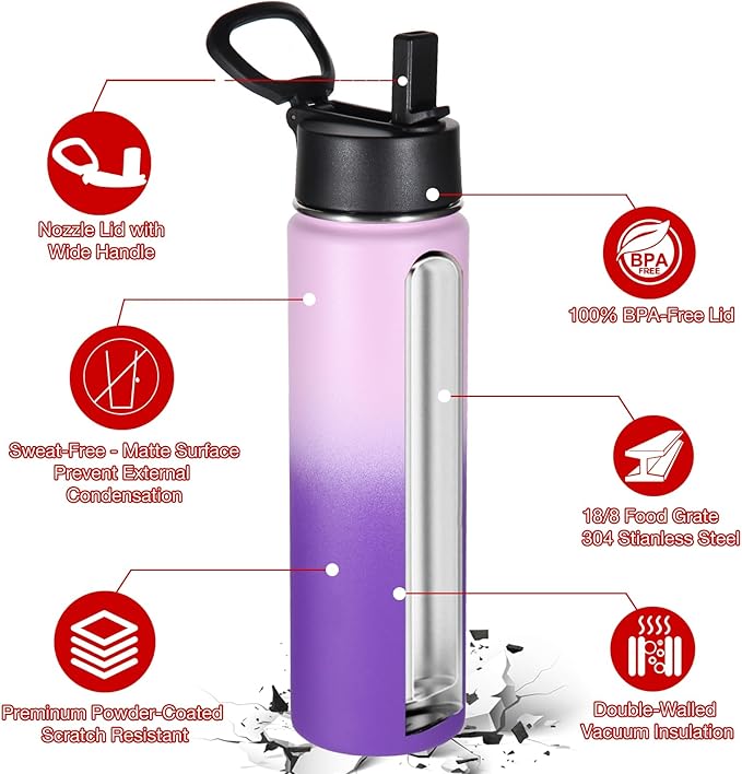 Volhoply 24oz Insulated Water Bottle With Straw Bulk 3 Pack,Metal Wide Mouth Water Bottles With Handle Keep Cold,Reusable Double Wall Thermos,Powder Coated Sport Bottle For Holder(Purple,3 Count)