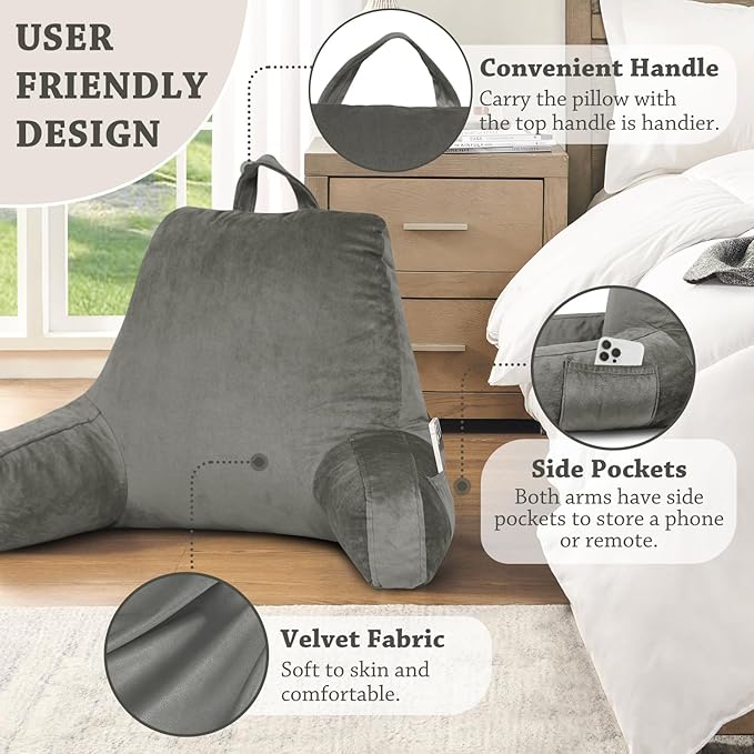 LOVTEX Reading Pillow with Removable Cover, Back Pillow for Sitting Up in Bed with Arms and Pockets, Bed Rest Pillow Adult, 20 x 15 Inches(Dark Grey)