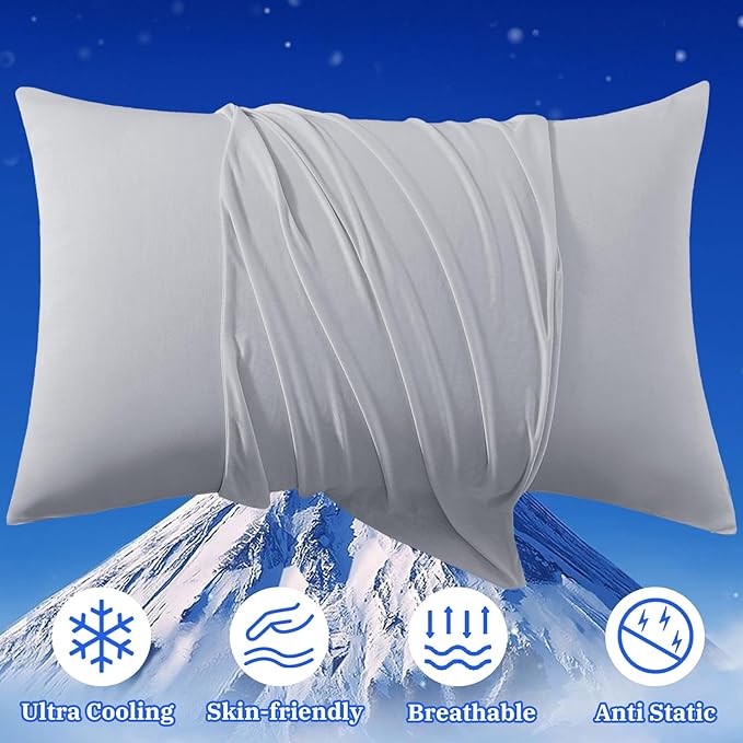 Cooling Pillow Cases for Hot Sleepers - Double Side Arc-Chill Q-Max>0.5 Cooling Fiber Cool Pillow Cases 2 Pack - Breathable Soft Cold Pillow Cases with Hidden Zipper (Light Grey, 20" x 36")