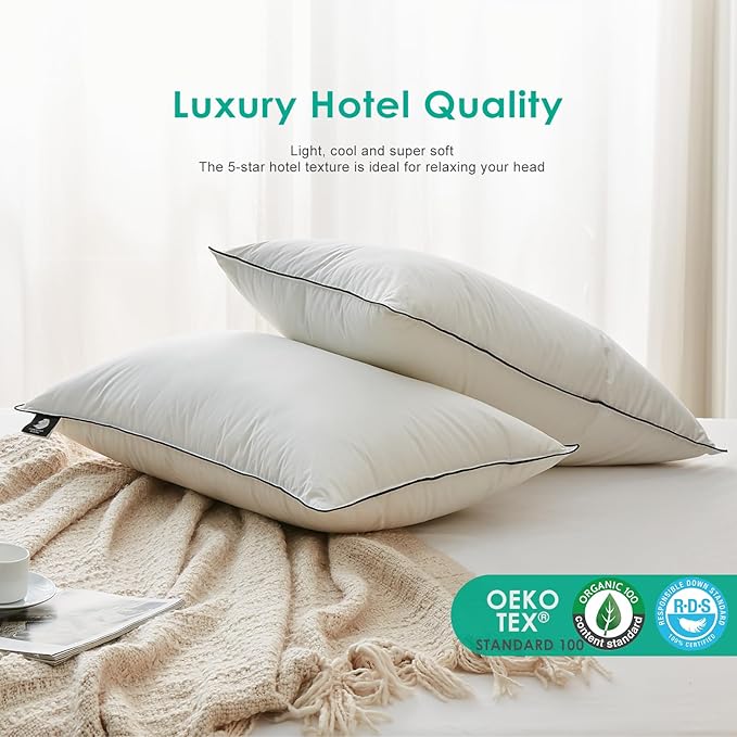 APSMILE Deep Sleep Feather Pillows Standard Size Set of 2, Hotel Collection AirF™ Goose Down Pillow Inserts with Organic Cotton Cover, Medium Bed Pillows for Sleeping (White, 20"x26")
