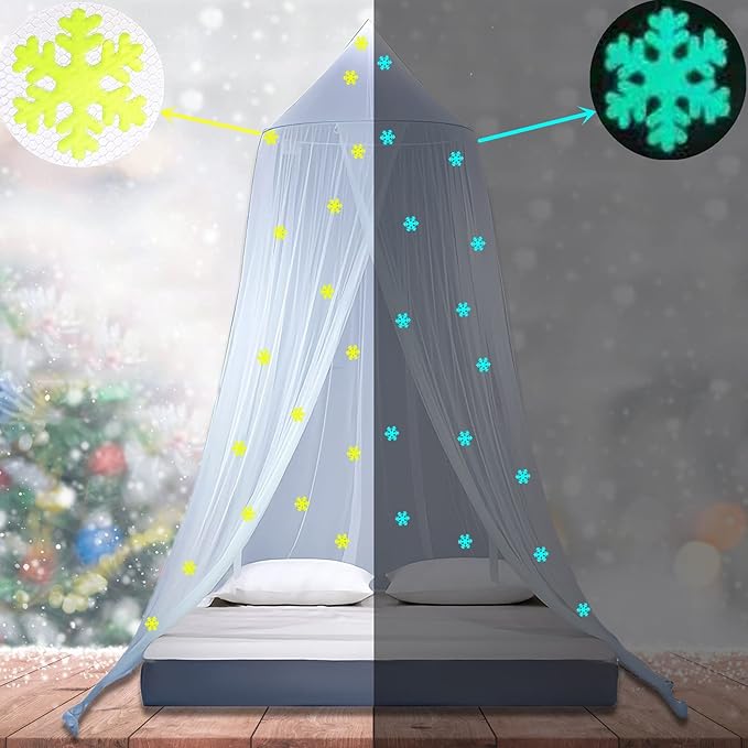 Eimilaly Princess Bed Canopy Glow in The Dark, Christmas Snowflakes Bed Canopy for Girls Room Decor, Encrypted Fabric, White