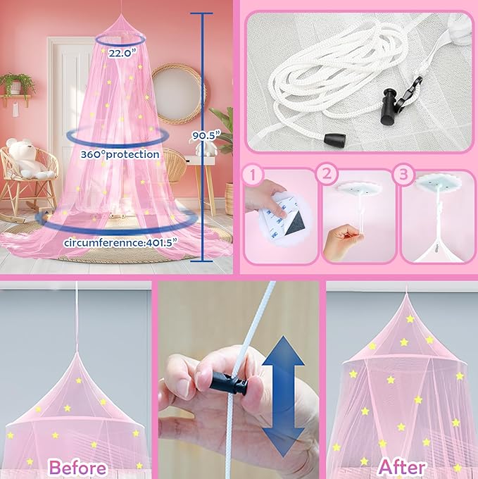 Daksha Pink Princess Bed Canopy for Girls with Glowing Stars, Ceiling Tent for Kids, Fits Twin, Full, and Queen Size Beds, Suitable for Indoor Room Decor and Outdoor Use