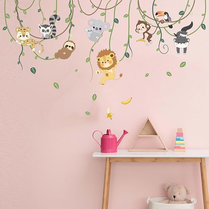 Animals Climbing Trees Wall Stickers - Lion Monkey Sloth Koala Toucan Wall Decals - Baby Nursery Kids Room Daycare Playroom Classroom Wall Decor