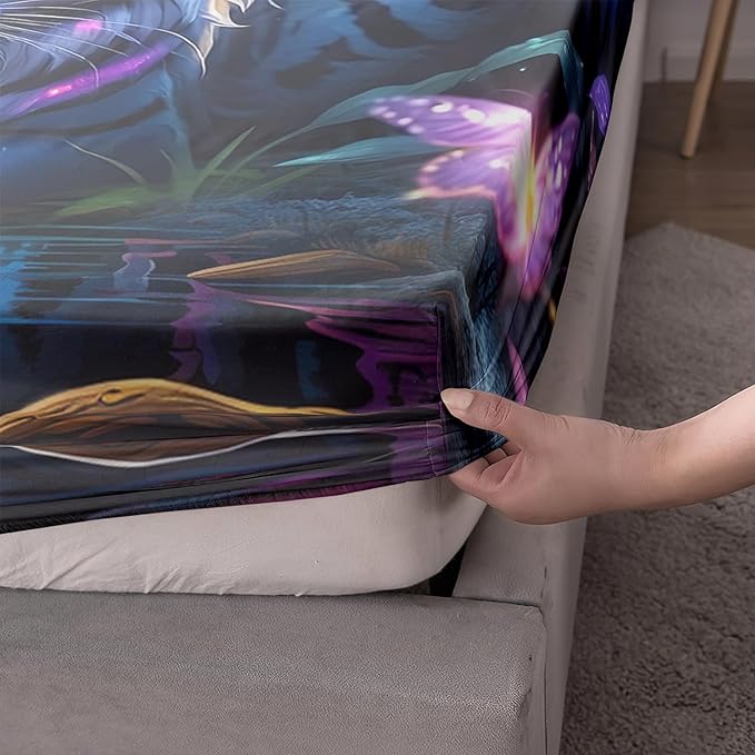 AILONEN Tiger Fitted Sheet Set Queen Size, Fairy Starry Forest Cute Tiger Sheet Wildlife Bed Sheet Set,3 Pieces Printed Fitted Sheet with 2 Pillowcases