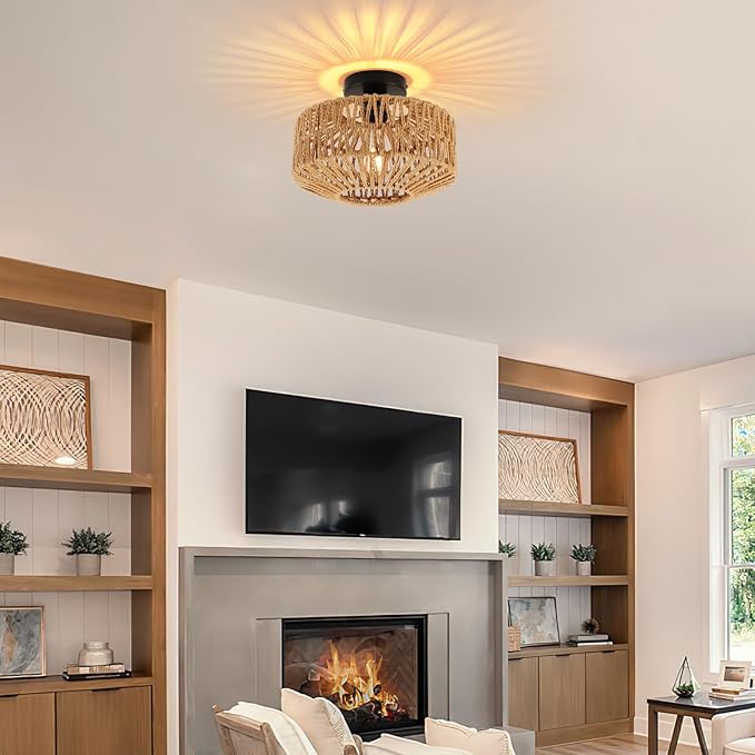 Boho Light Fixtures Ceiling Mount, Mini Boho Rattan Chandelier, Woven Flush Mount Ceiling Light Fixture for Hallway Bedroom Kitchen Entryway Living Room Nursery