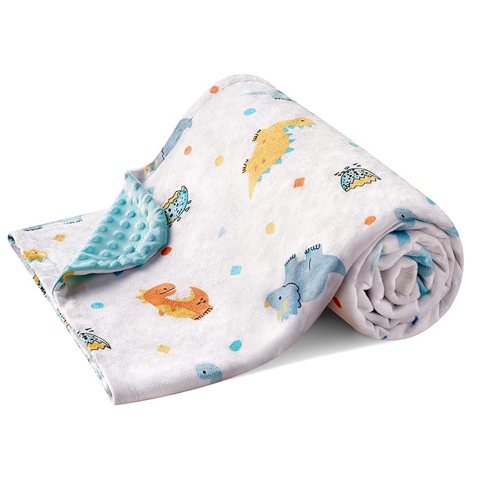 DaysU Silky Micro Soft Plush Baby Blankets for Boys with Print Animal Pattern and Soothing Raised Dots, Double Layer Bed Throws for Baby Crib, Dinosaur, Aqua Blue, 30x40 Inches