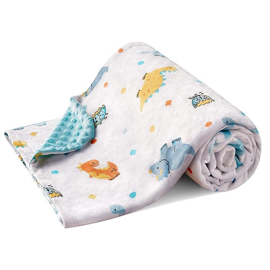 DaysU Silky Micro Soft Plush Baby Blankets for Boys with Print Animal Pattern and Soothing Raised Dots, Double Layer Bed Throws for Toddler Cot, Dinosaur, Aqua Blue, 50x60 Inches