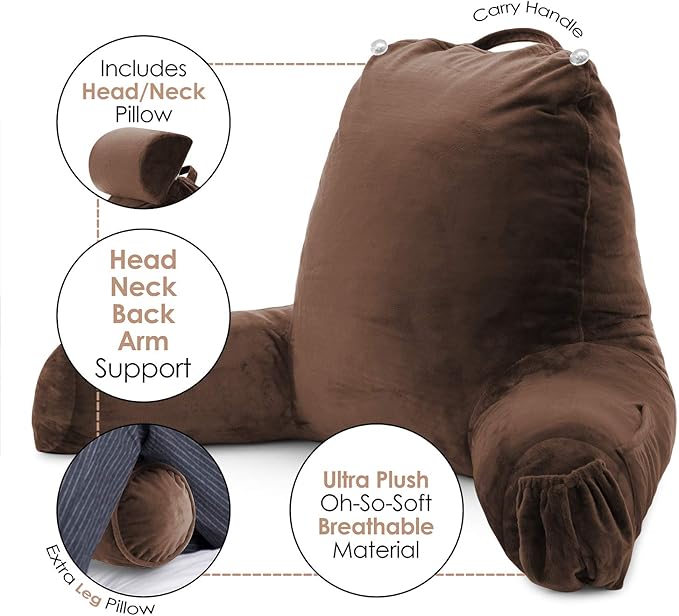 Nestl Reading Pillow Large Bed Pillow, Back Pillow for Sitting in Bed Memory Foam Chair Pillow, Reading & Bed Rest Pillows Chocolate Brown Back Pillow for Bed, Bed Chair Arm Pillow with Pockets