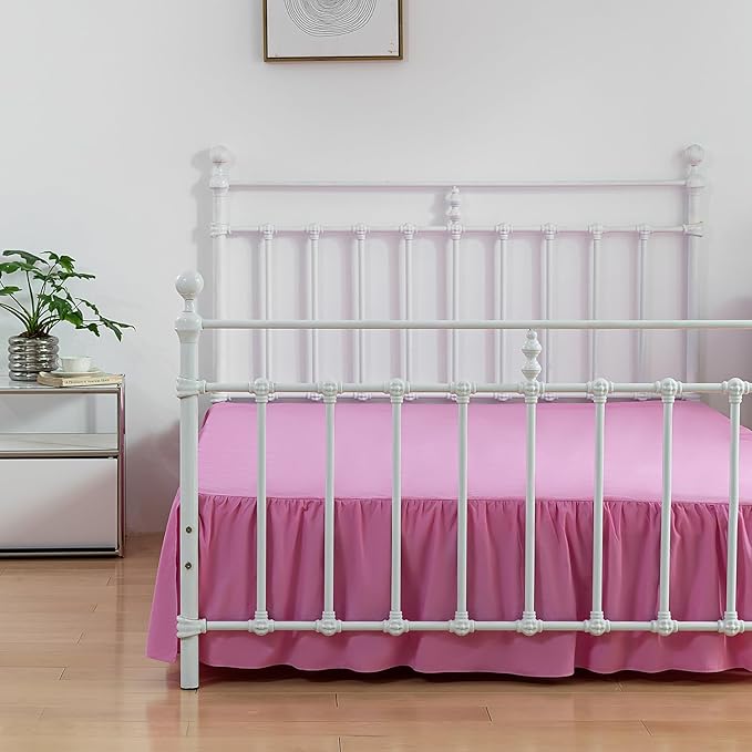 Bed Skirt Queen Size Ruffled Bed Skirt with Split Corners, 14 Inch Drop Dust Ruffle Bed Skirt with Platform, 14 Inch Drop, Pink
