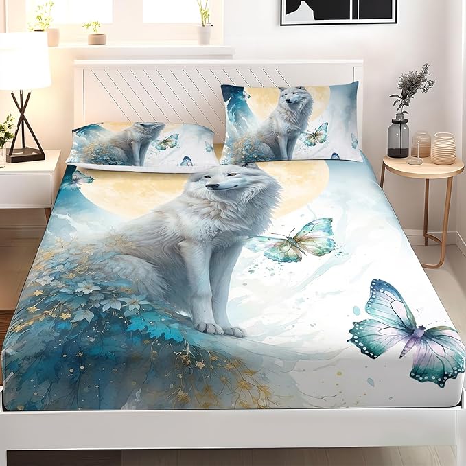 AILONEN Wolf Fitted Sheet Set Twin XL Size, Blue Tie Dye Wolf Bed Sheet Set Decor,3 Pieces Moon Wolf Sheet Set,Modern Watercolor Wolf and Butterfly Fitted Sheet with 2 Pillowcases