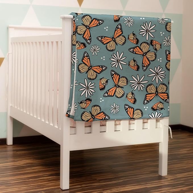 Butterfly Daisy Flower Baby Blanket for Girls Gift, Blue Yellow Floral Flannel Fleece Nursery Bed Receiving Blankets, Soft Warm Lightweight Newborn Infant Toddler Kids Crib Bedding 40 x 50