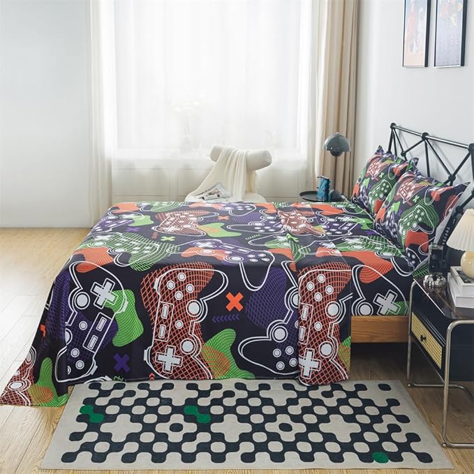 qjmiaofang Gamer Sheets Queen for Boys Gamer Sheet Set Video Game Bed Sheet Set 4Pieces Gaming Sheets Queen Gamer Fitted Sheet Gaming Bedding Set 1 Fitted Sheet 1 Flat Sheet 2 Pillowcase