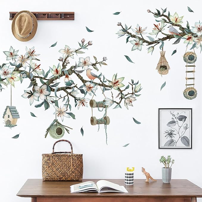 Bird on The Tree Branch Wall Decals Fresh Magnolia Spring Wall Stickers Living Room Bedroom Sofa TV Background Wall Decor