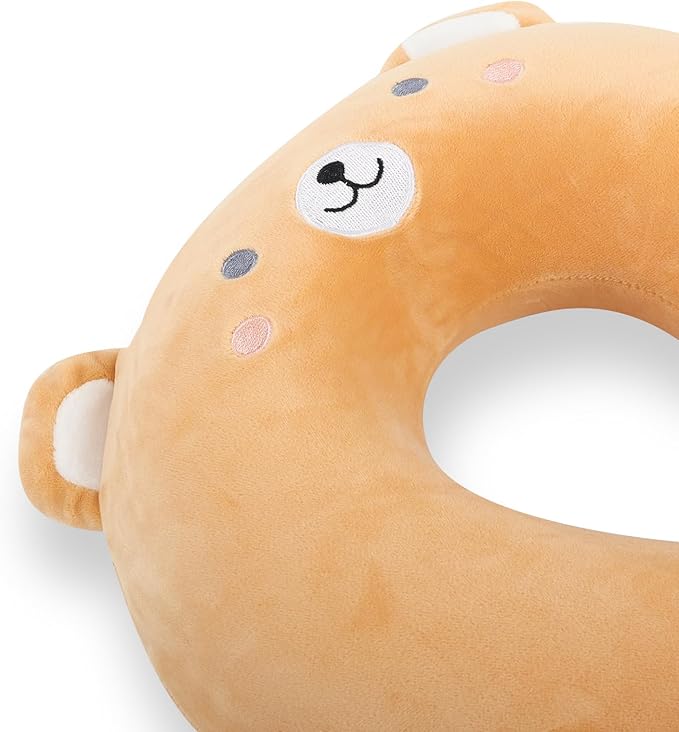 Kids Neck Pillow for Travel with Sleep Eye Mask, Cute Travel Neck Pillow, Memory Foam Flight Sleeping Headrest Pillow for Boys & Girls, Airplane, Train, Car, Home Use - Brown Bear