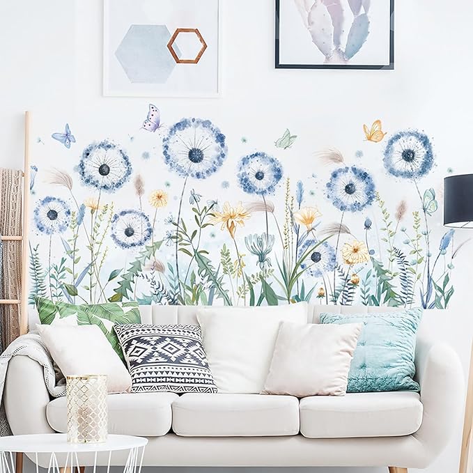 Large Blue Dandelion Wall Stickers Attractive Flying Flower Butterfly Wall Decals Bedroom Office Bathroom Living Room Floral Wall Decals Removable Wall Art Decoration Peel and Stick Room Wall Decor