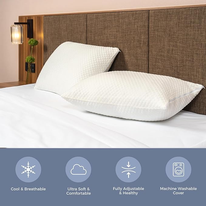 Shredded Memory Foam Pillows for Sleeping 2 Pack - Cooling Bed Pillows Standard Size Set of 2 - Medium Frim Gel Pillows for Side & Back Sleeper with Washable Removable Cover