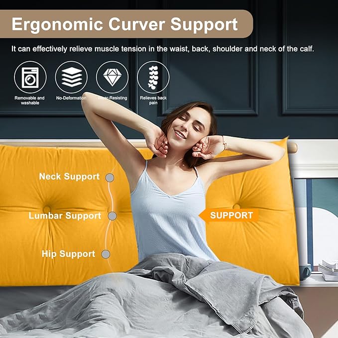 Large Triangular Headboard Pillows Long Backrest Positioning Support Bolster Cushion for Daybed Fluffy Quality Plush Body Wedge Pillow with Removable Cover(Light yellow-Twin/Twin XL-39x8x20 in)