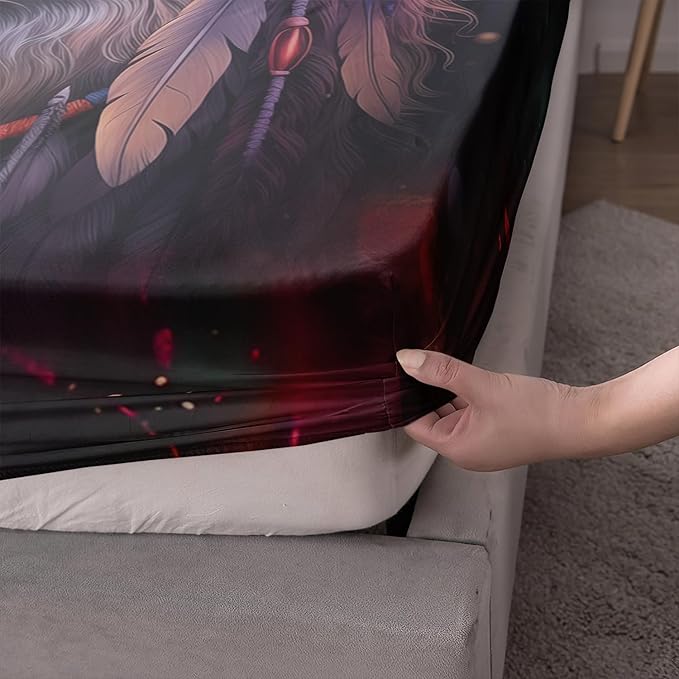 AILONEN Wolf Dream Catcher Fitted Sheet Set Queen Size, Wildlife Wolf Bed Sheet Set,Safari Animal Moon Wolf Fitted Sheet and 2 Pillowcases,3 Pieces(Boys/Men/Kids/Teens)