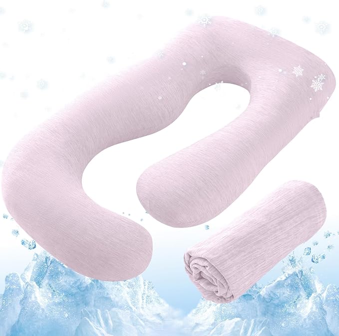 SASTTIE Cooling Pregnancy Pillow Cover, 57-inch U Shaped Pregnancy Pillow Case, Cooling Maternity Pillow Cover Fits 55/57 Inch Pregnant Pillow, Pink