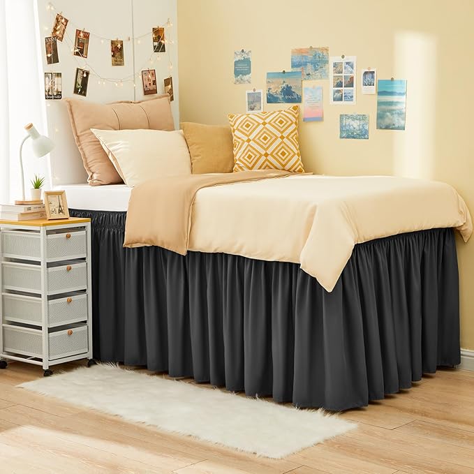 RIMELA Dark Grey Bed Skirt Twin 32 Inch Drop Silky Luxurious Fabric, Wrinkle and Fade Resistant with Adjustable Elastic Belt Easy to Install Machine Washable Dust Ruffles Bedskirt