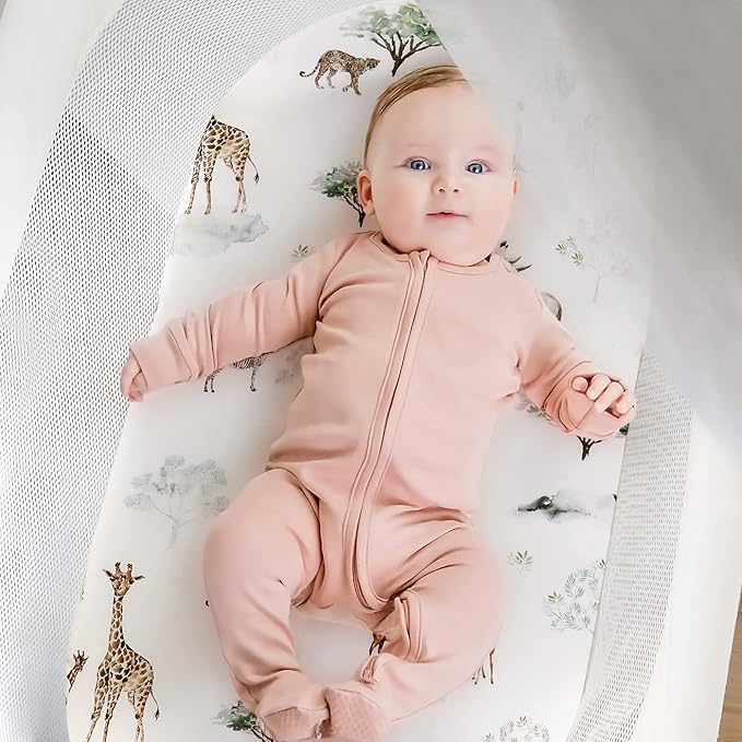 Stretch Ultra Soft Fitted Bassinet Sheet Set 2 Pack, Universal Fit for Bassinets Baby Cradle Moses Basket Oval Rectangle Mattress Safe and Snug, Pretty African Savannah Animals Pattern