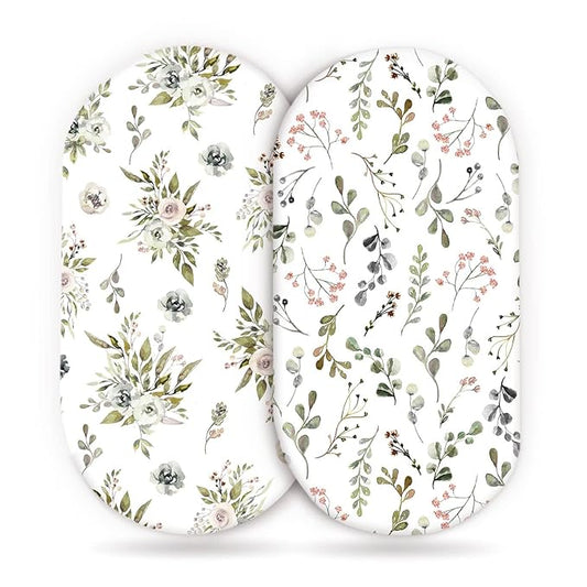 Stretchy Ultra Soft Fitted Bassinet Sheets 2 Pack, Universal Fitted for Bassinets Baby Cradle Moses Basket Oval Rectangle Mattress, Watercolor Rose and Flora Bassinet Sheet for Baby Girls