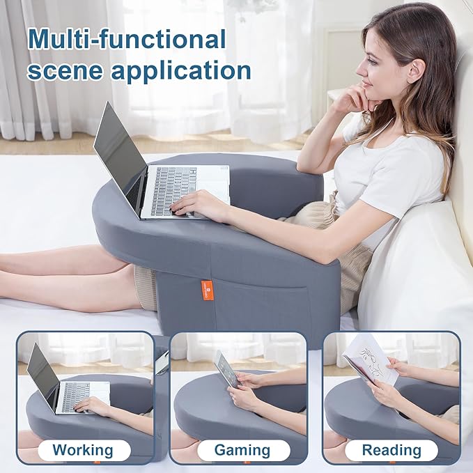 Gaming Pillow for Laptop, Reading Pillows for Sitting in Bed Adult with Cup Holder, Extra Large Memory Foam Lap Desk Pillow with Comfortable Armrests and Side Shelves