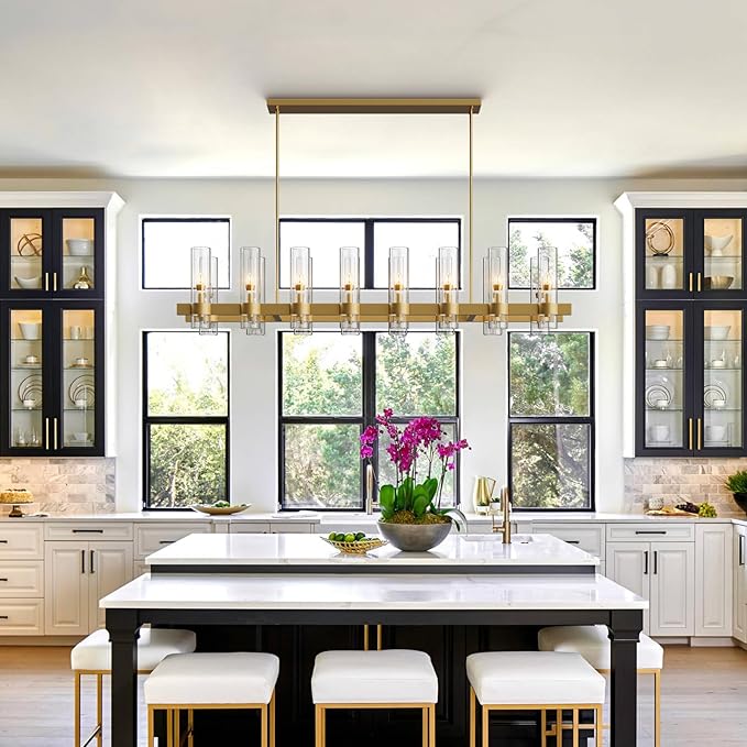 Brass Kitchen Island Lighting- 16-Light Linear Chandelier, Adjustable 54'' Modern Farmhouse Rectangle Pendant Light Fixtures, Dining Room, Bedroom