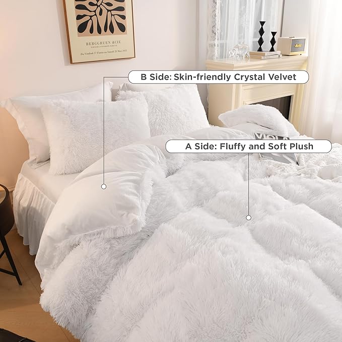 Litanika White Fluffy Comforter Queen, Luxury Plush Shaggy Fuzzy Bedding Set for Queen Bed, Ultra Soft Warm Velvet Comforter 3 Pieces(1 Faux Fur Comforter 90×90 Inch, 2 Pillowcases)