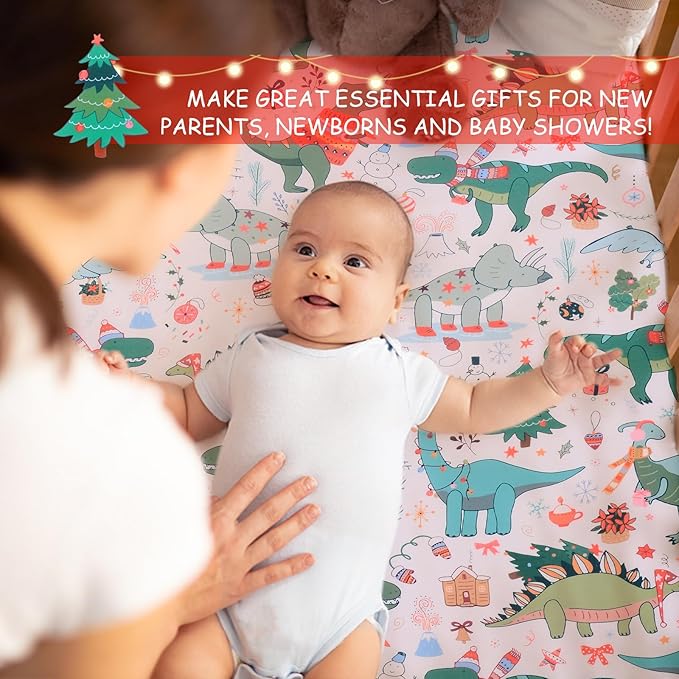 JISEN Christmas Crib Sheet Dinosaurs Fitted Crib Sheets 1 Piece Soft Baby Crib Sheets for Standard Crib and Toddler Mattress Pink Baby Bed Sheets for Crib for Baby Boys Girls Neutral 28x52 Inch