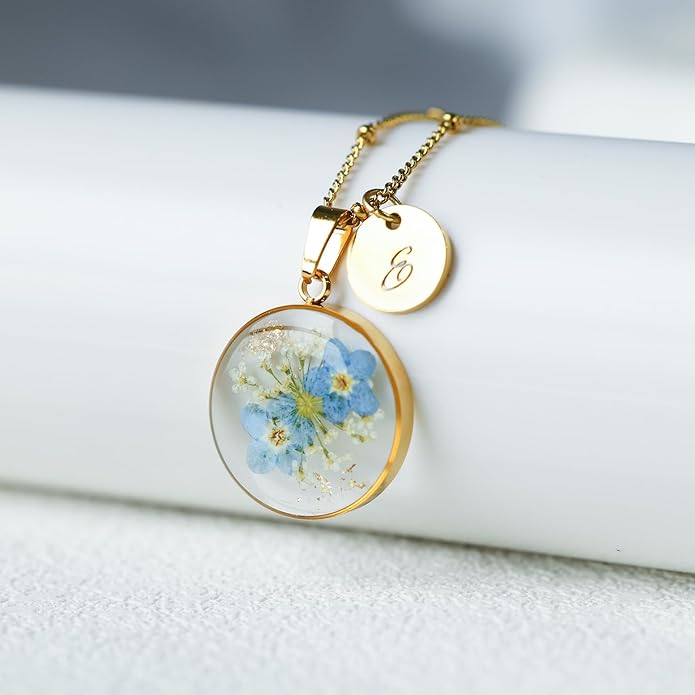 Handmade Pressed Forget-Me-Not Flower Initial Necklace - Real Flower Resin Pendant - Personalized Floral Jewelry Gift for Women - Elegant Botanical Keepsake