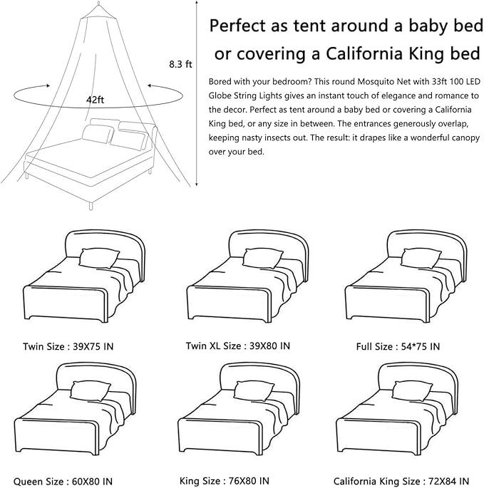 Bed Canopy with Lights,Mosquito Net Bed Canopy for Girls Canopy Bed Curtains Full Queen Size from Ceiling,Dome Mosquito Netting Bed Tent Twin Girls Princess Canopy King Bed Decor