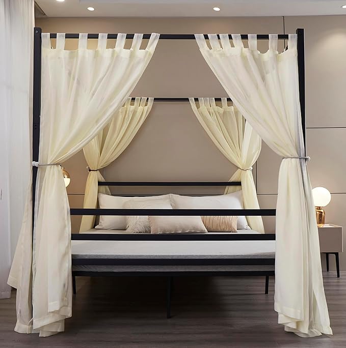 Mengersi Linen Canopy Bed Curtains for Twin,Full,Queen and King Size Bed,Bed Canopy Natural Blended Curtain Panels, 8 Panels Set (All Bed Sizes, Ivory)