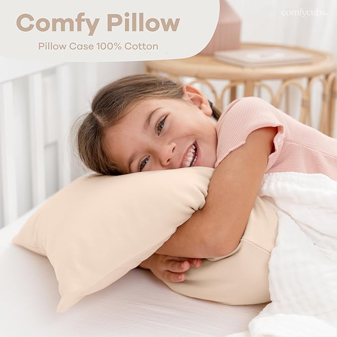 Comfy Cubs Toddler Pillow with Soft Cotton Pillowcase, 13"x18", Cream - Kids Pillow for Sleeping & Travel - Adorable & Comfortable Small Pillow - Kids Travel Pillow with Breathable Microfiber Fill