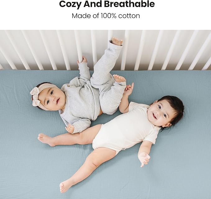 Konssy Muslin Fitted Crib Sheets 100% Cotton Baby Crib Sheets for Standard Crib Mattress (28 X 52 Inches), Soft and Breathable for Boy, Girl (Air Blue)