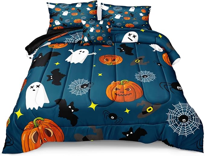 Bedbay Halloween Comforter Set King Size Comforter Set Cartoon Pumpkin Bedding Cute Halloween Bedding King Size Comforter 4 Pcs with 1 Cushion Cover(Blue,King)