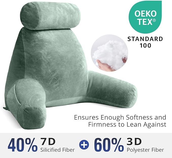 Sasttie Reading Pillow for Sitting in Bed Adult, Extra Large Back Pillow for Bed, Backrest Pillow with Detachable Head Support Cushion, College Dorm Essentials for Girls and Boys, Sage