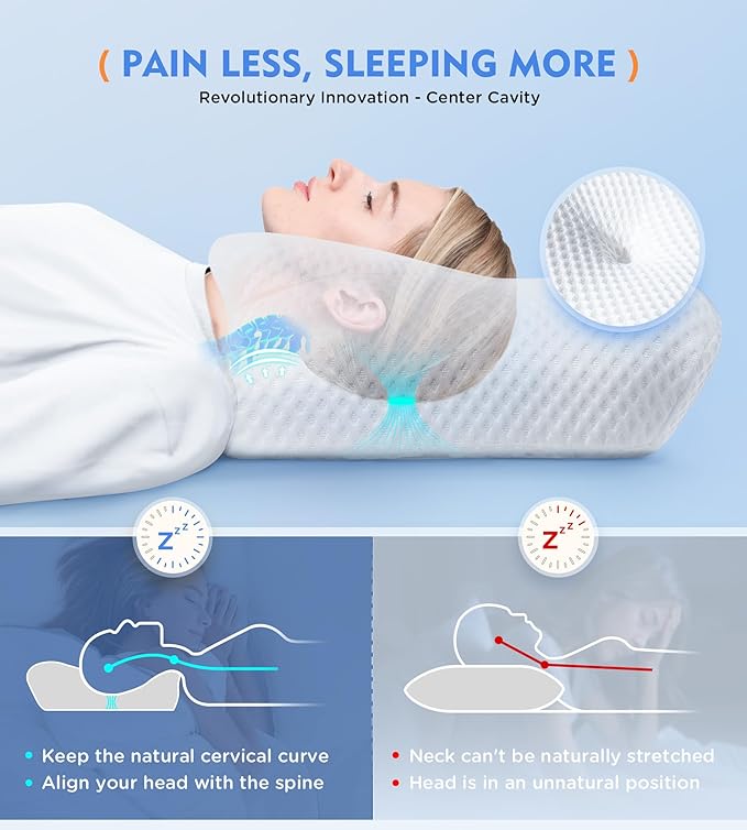 Osteo Cervical Pillow for Neck Pain Relief, Hollow Design Odorless Memory Foam Pillows with Cooling Case, Adjustable Orthopedic Bed Pillow for Sleeping, Contour Support for Side Back Stomach Sleepers
