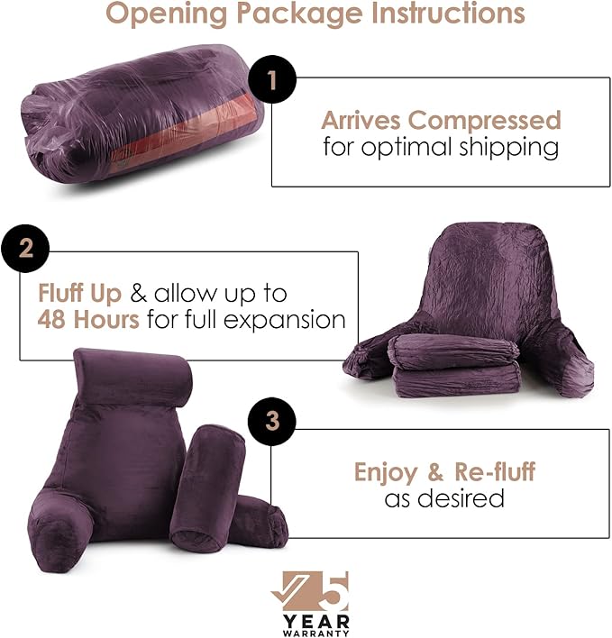 Nestl Reading Pillow Large Bed Pillow, Back Pillow for Sitting in Bed Shredded Memory Foam Chair Pillow, Reading & Bed Rest Pillows Purple Back Pillow for Bed, Bed Chair Arm Pillow with Pockets