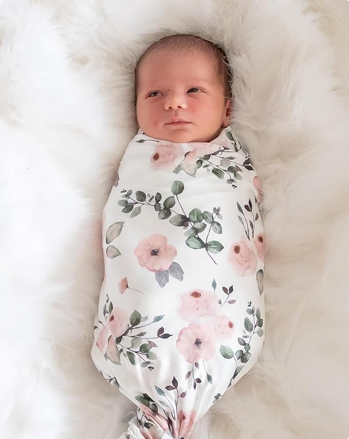 Newborn Baby Girl Swaddle and Headband Sets Receiving Blanket Stretchy Knit Swaddle Set(Green Leaf and Pink Floral)