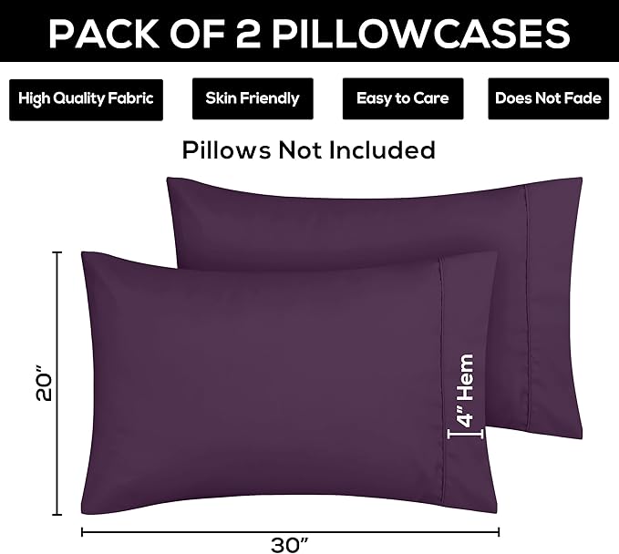 Utopia Bedding King Pillow Cases - 2 Pack - Envelope Closure - Soft Brushed Microfiber Fabric - Shrinkage and Fade Resistant Pillow Covers 20 X 40 Inches (King, Purple)