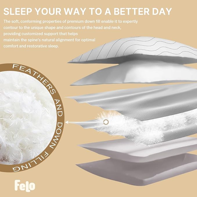 felo Feather Down Pillows Queen Size Set of 2, CloudFusion Goose Pillow for Sleeping, Luxury Hotel Collection Bed Supportive Pillows for Side Back Pain Sleepers, 100% Organic Cotton Shell (20" x 30")