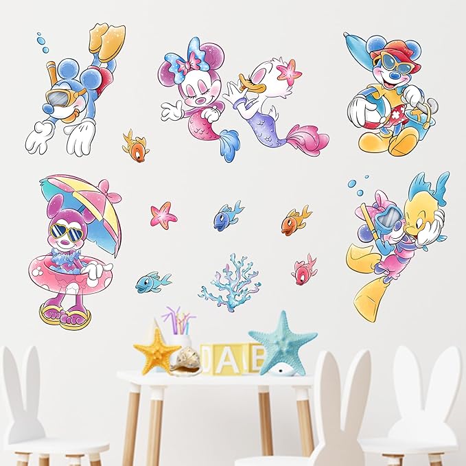 Mfault Summer Cartoon Mouse Wall Decal Stickers, Under The Sea Duck Mermaid Fish Coastal Ocean Nursery Decoration Bedroom Art, Beach Nautical Coral Neutral Toddler Kids Baby Room Decor