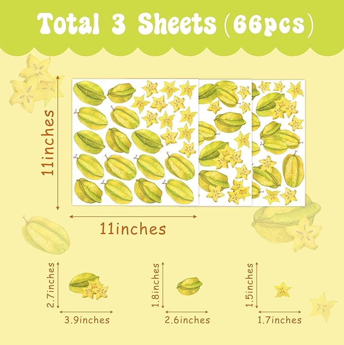 Star Fruit Wall Decals Peel and Stick Summer Fruit Wall Stickers Removable Kitchen Wall Stickers Cabinet Decals Watercolor Fruit Wall Decals for Nursery Bedroom Playroom Decor