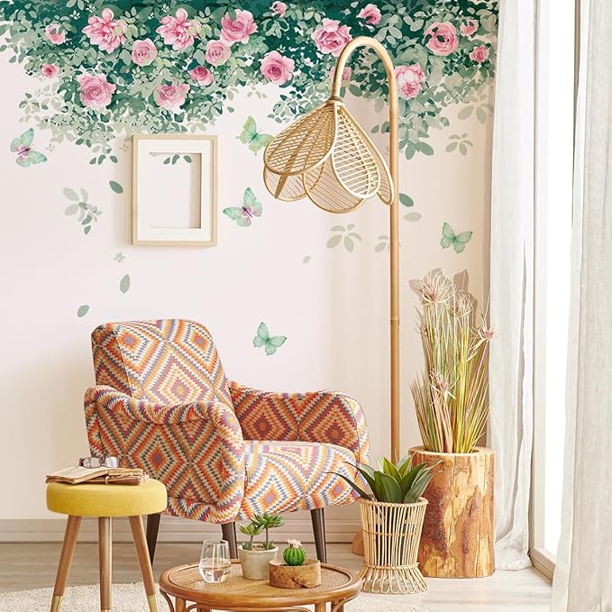 Pink Rose Wall Stickers - Stylish Home Decor with Green Leaves, 30x90cm