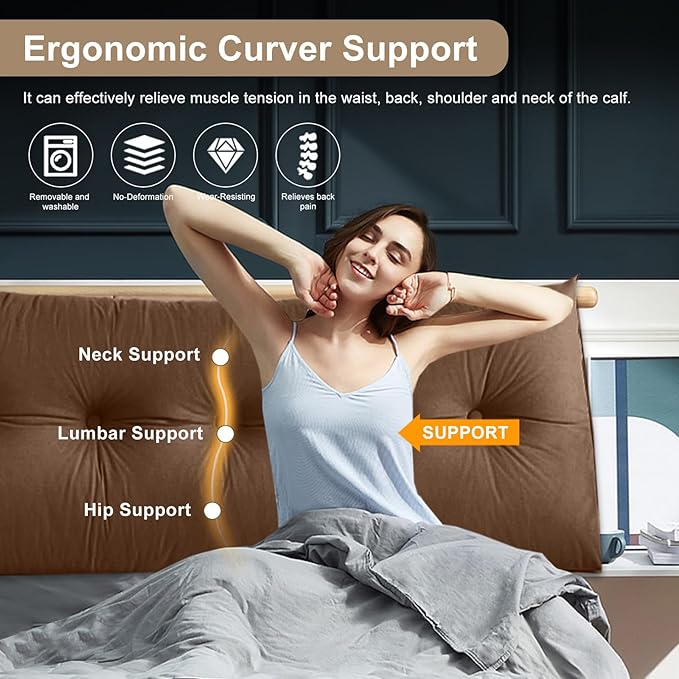 Large Triangular Headboard Pillows Long Backrest Positioning Support Bolster Cushion for Daybed Fluffy Quality Plush Body Wedge Pillow with Removable Cover(Dark brown-24x8x20in)